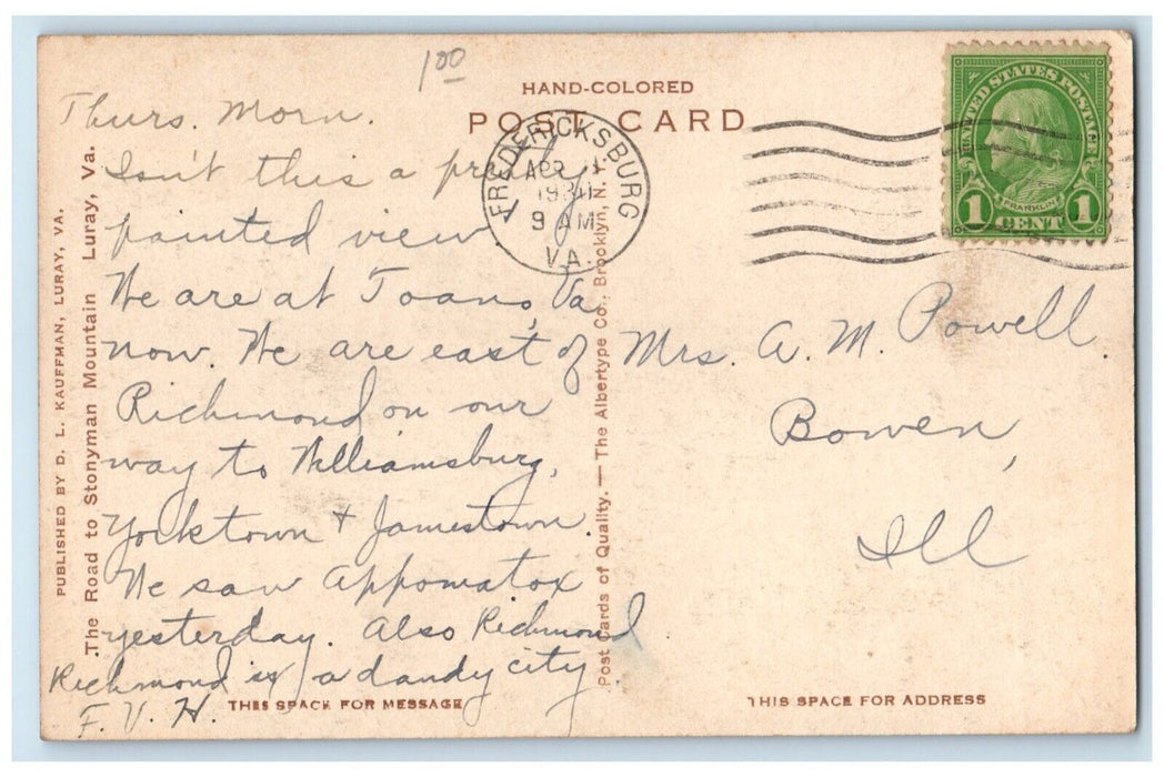 1930 The Road To Stonyman Mountain Luray Virginia VA Handcolored Posted Postcard
