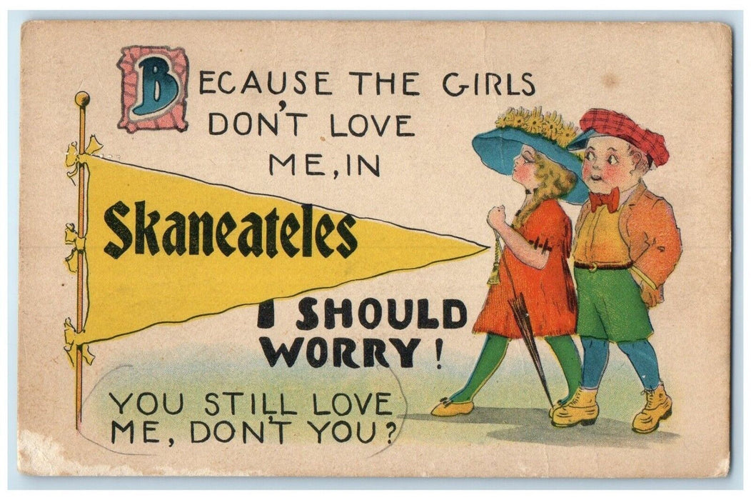 c1910's Couple Fighting Skaneateles New York NY Pennant Posted Antique Postcard