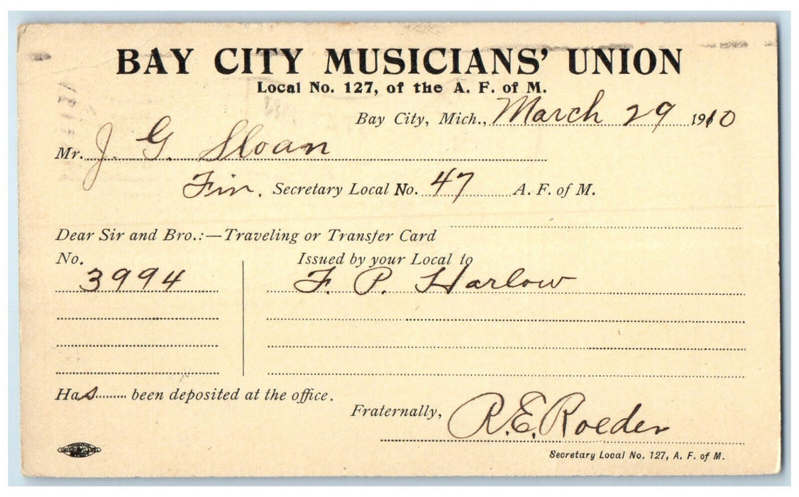 1910 Bay City Musicians Union Bay City Michigan MI Posted Antique Postal Card