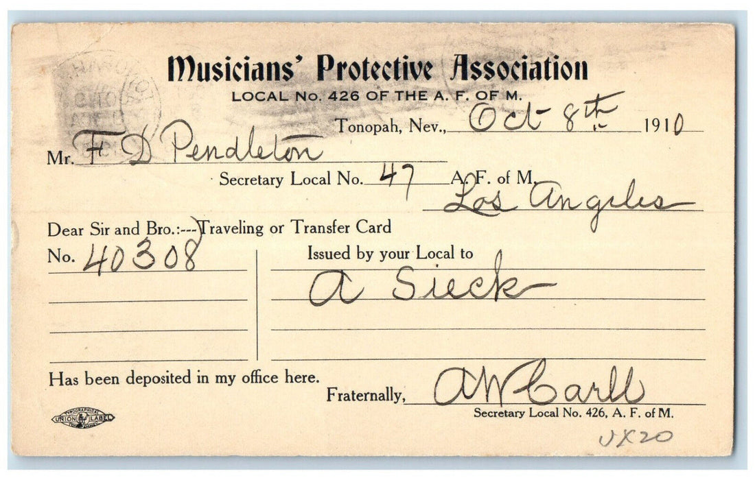 1910 Musicians Protective Association Tonopah Nevada NV Antique Postal Card