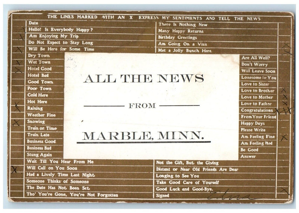 1909 All The News From Marble Minnesota MN Checklist Correspondence Postcard