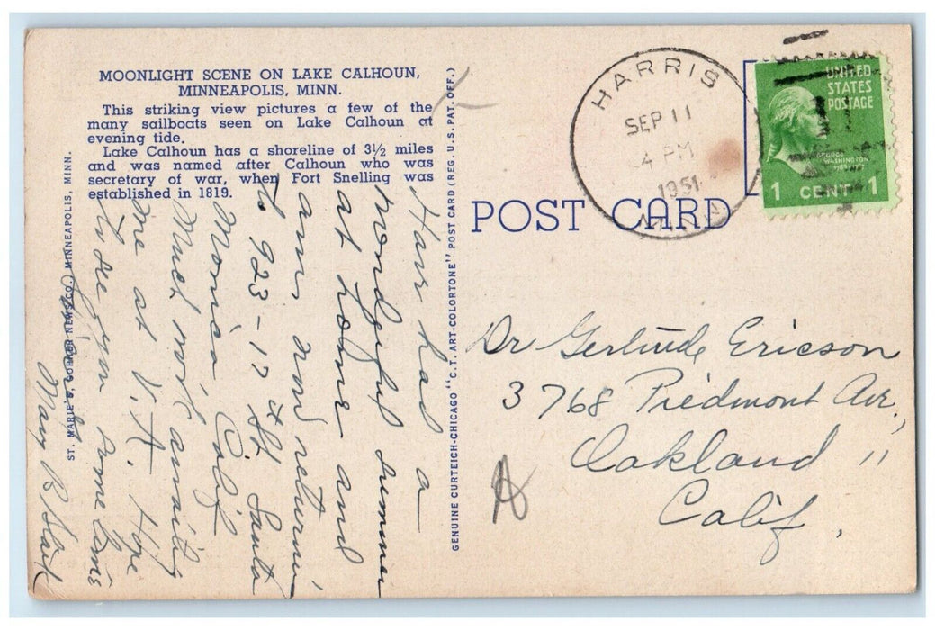1951 Moonlight Scene On Lake Calhoun Minneapolis Minnesota MN Vintage Postcard