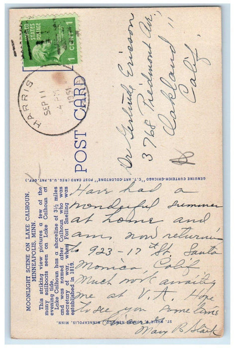 1951 Moonlight Scene On Lake Calhoun Minneapolis Minnesota MN Vintage Postcard