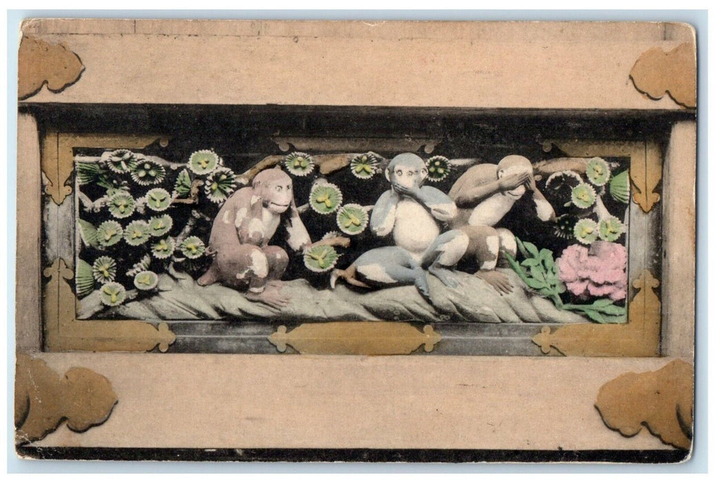 1911 Japan Monkeys See No Evil Temple Lafayette Indiana IN Antique Postcard