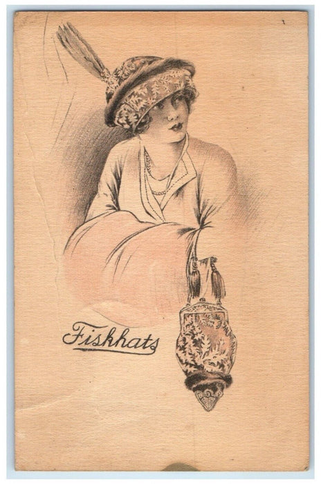 1913 Fiskhats Pretty Woman Feather Bonnet Holland Texas TX Antique Postcard