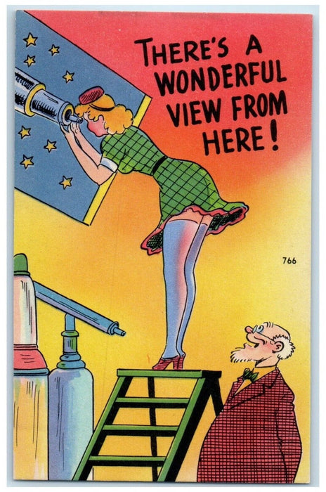 c1930's Old Man Peeping Woman Viewing Telescope Unposted Vintage Postcard