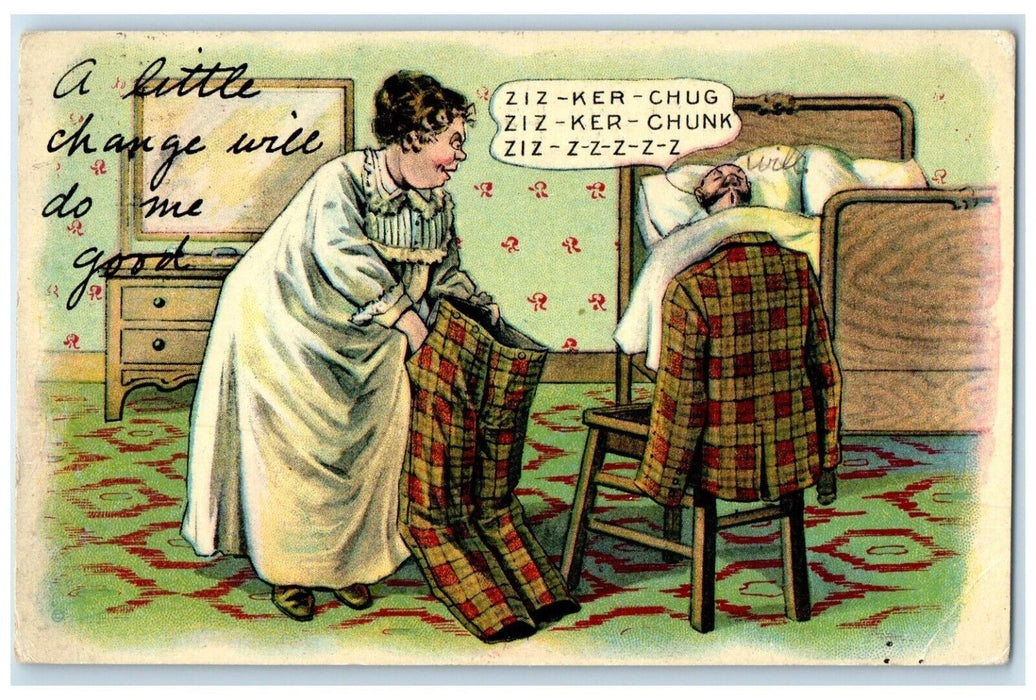 1912 Man Sleeping Pick Pocket Wife Ballston Spa New York NY Antique Postcard