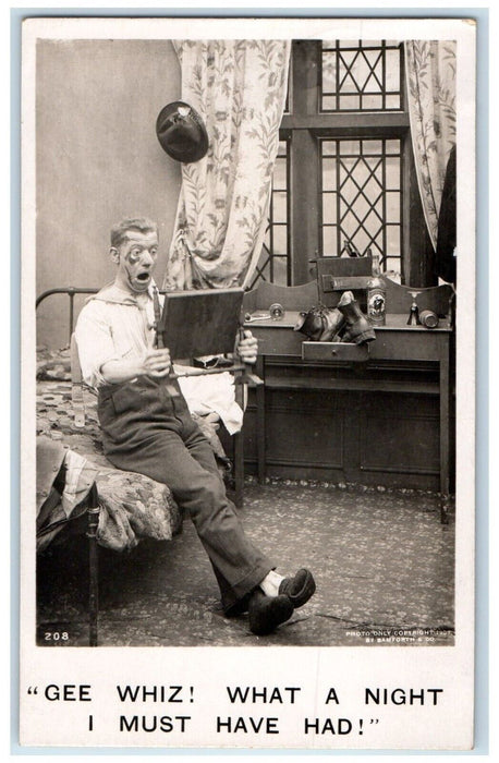 1907 Man Got Shocked Facing Mirror RPPC Photo Beaverton Michigan MI Postcard