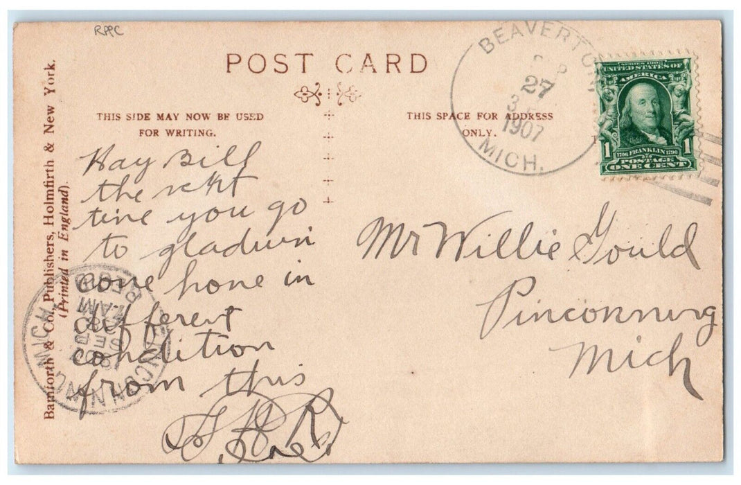 1907 Man Got Shocked Facing Mirror RPPC Photo Beaverton Michigan MI Postcard