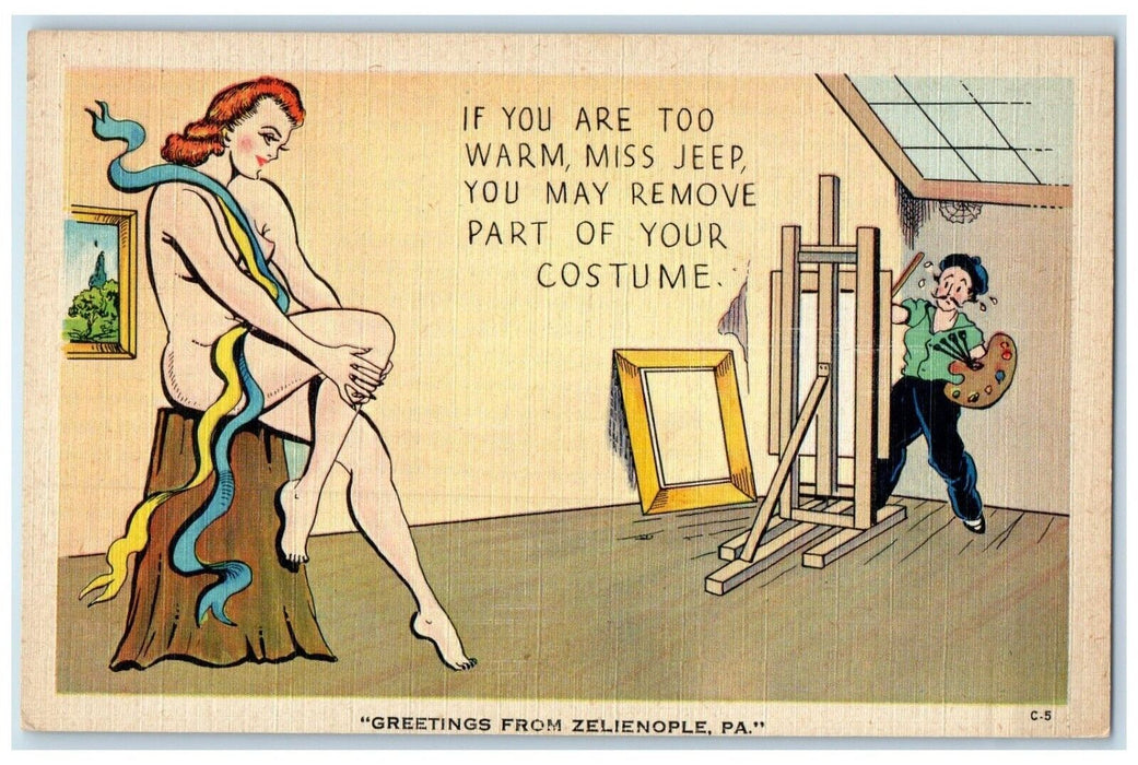 Greetings From Zelienople PA, Nude Woman Miss Jeep Painter Painting Postcard