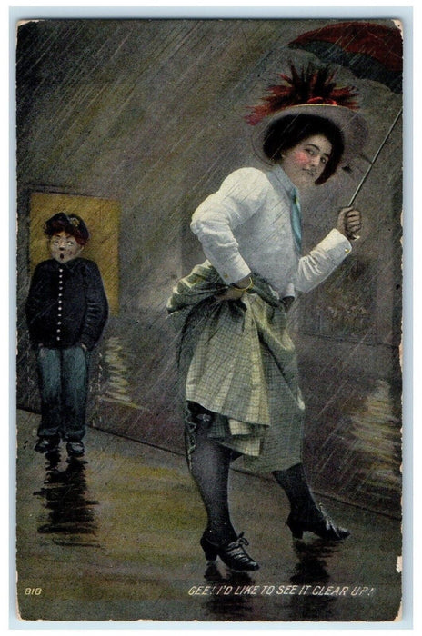 c1910's Pretty Woman Feather Hat With Umbrella Raining Unposted Antique Postcard
