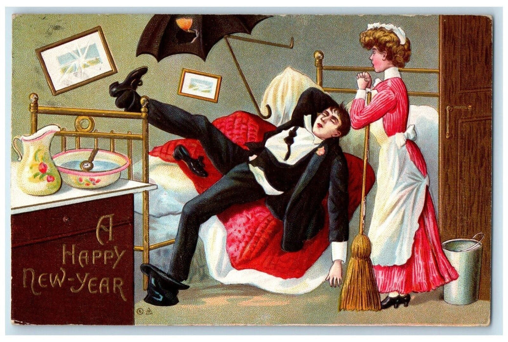 1912 New Year Drunk Man Maid Holding Broom Embossed Bad Axe Michigan MI Postcard