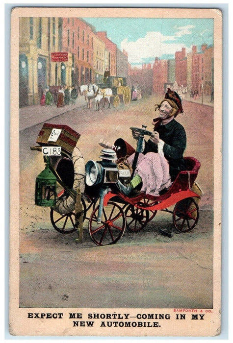1908 Man Driving New Automobile Bamforth Osceola Indiana IN Antique Postcard