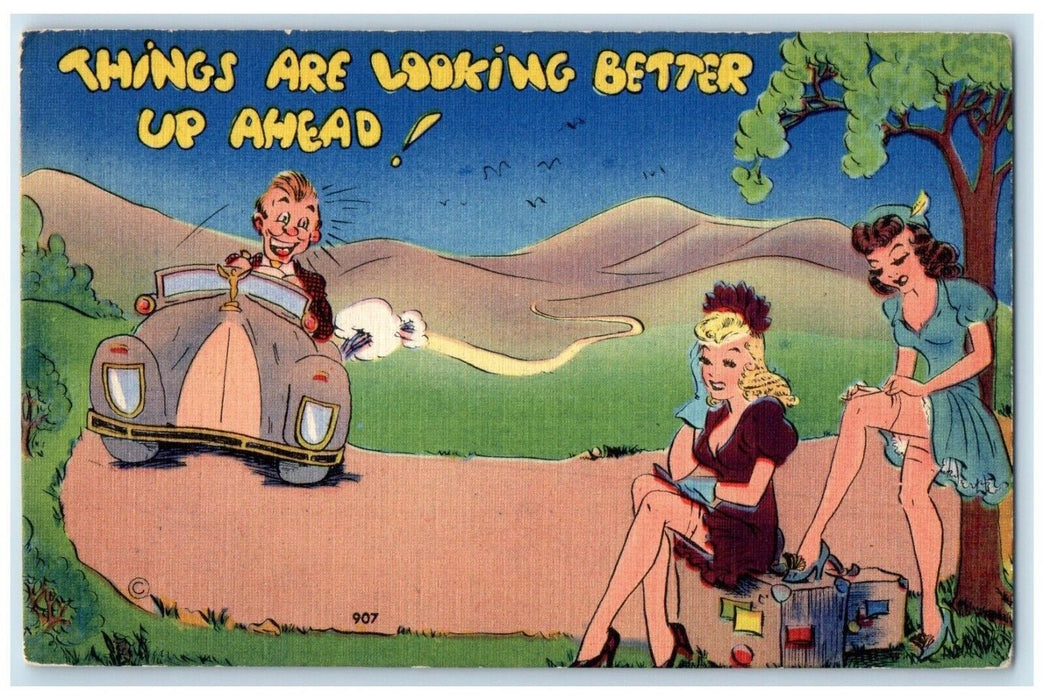 c1940's Sexy Hitchhiker Risque Comic Humor Pretty Woman Antique Car Postcard
