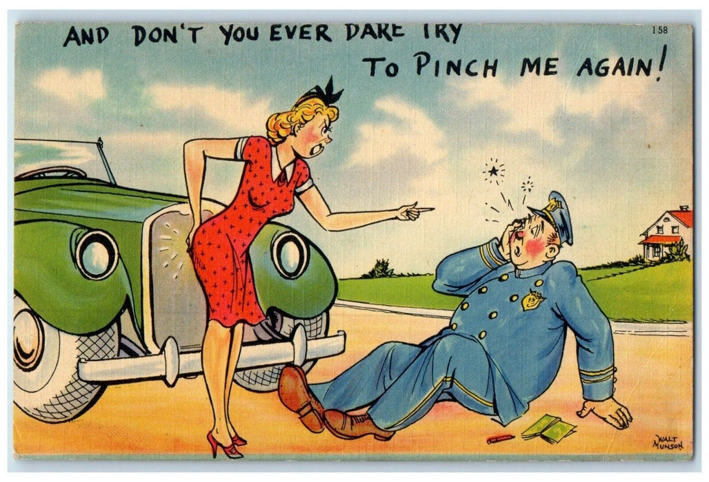 c1940's Angry Woman Slapped Policeman Don't Pinch Me Again Comic Humor Postcard