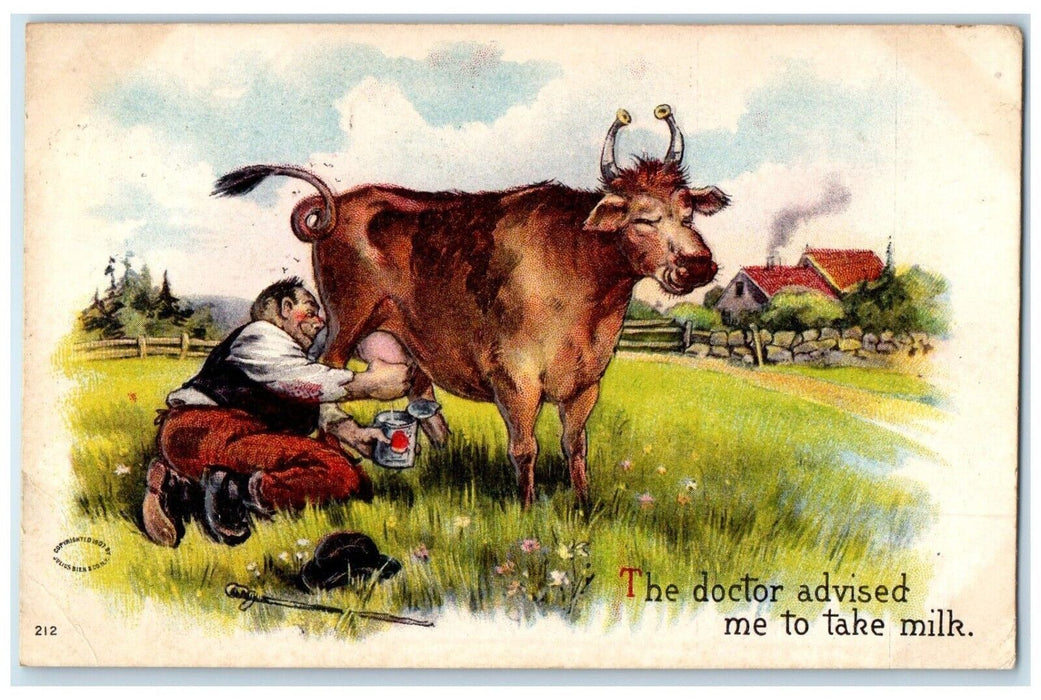 1909 Man Sucking Milk The Doctor Advised Me To Take Milk Embossed Postcard