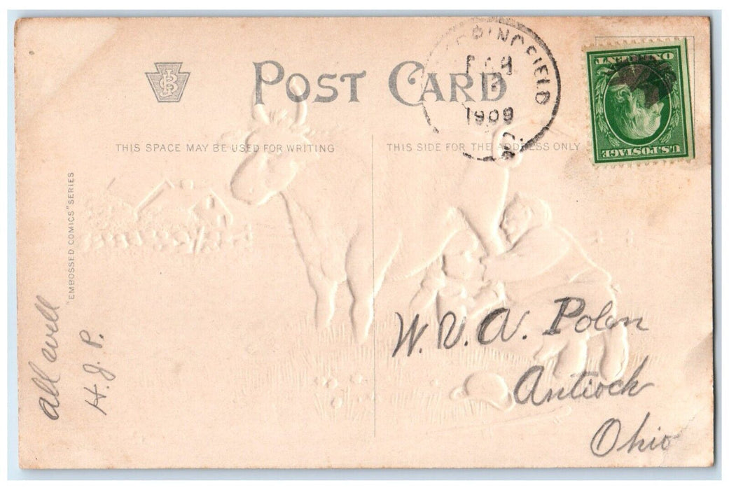 1909 Man Sucking Milk The Doctor Advised Me To Take Milk Embossed Postcard