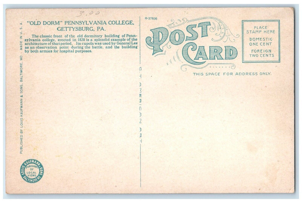 c1920 Old Dorm Pennsylvania College Gettysburg Pennsylvania PA Unposted Postcard