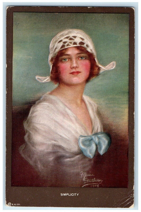 c1910's Pretty Woman Bonnet Bow Ribbon Simplicity Maria Posted Antique Postcard