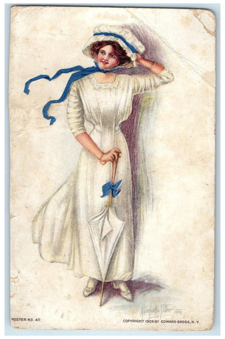 1910 Pretty Woman Bonnet Umbrella Edward Gross Grandin ND Antique Postcard