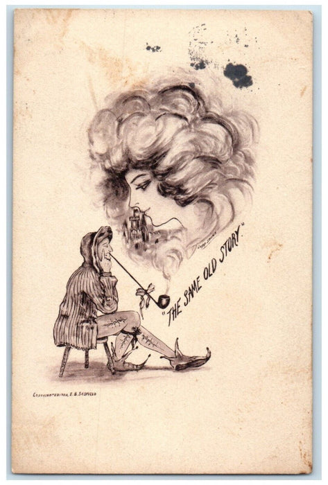 1910 Old Man Smoking Pipe Pretty Woman The Same Old Story Antique Postcard