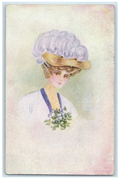 1911 Pretty Woman Feather Hat Flowers Bath Ohio OH Posted Antique Postcard