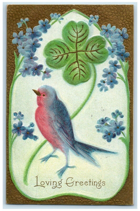 1909 Loving Greetings Bird Flowers Airbrushed Embossed Biltmore NC Postcard