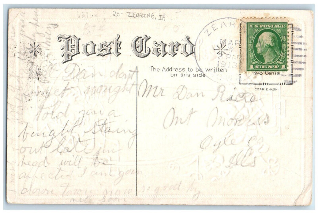 1913 Zearing Iowa IA Ogle County IL Duplex Cancel 1 Cent Flowers Nash Postcard