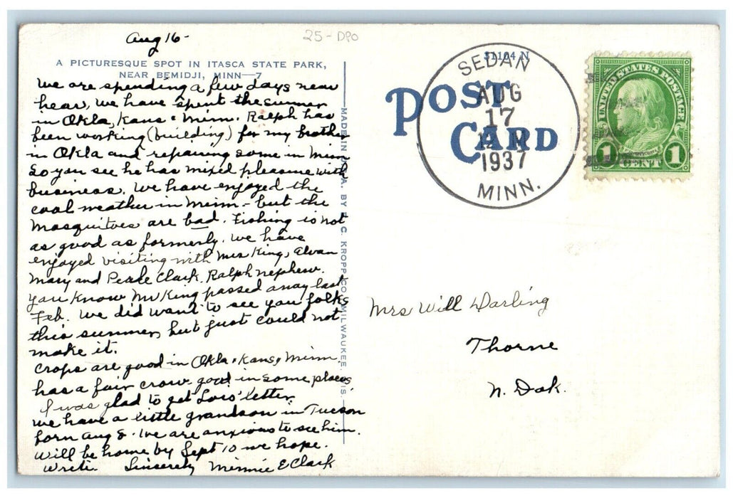 1937 Sedan Minnesota MN Thorne North Dakota ND DPO Doane Cancel 1 Cent Postcard
