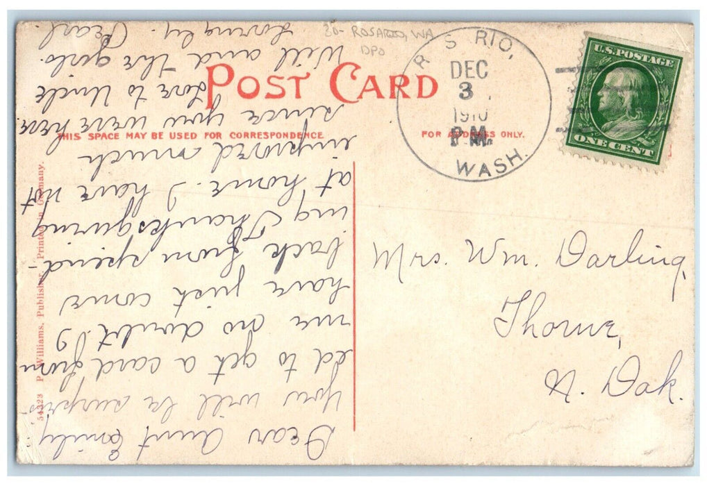 1910 Rosario Washington WA Thorne North Dakota Doane Cancel 1 Cent Postcard