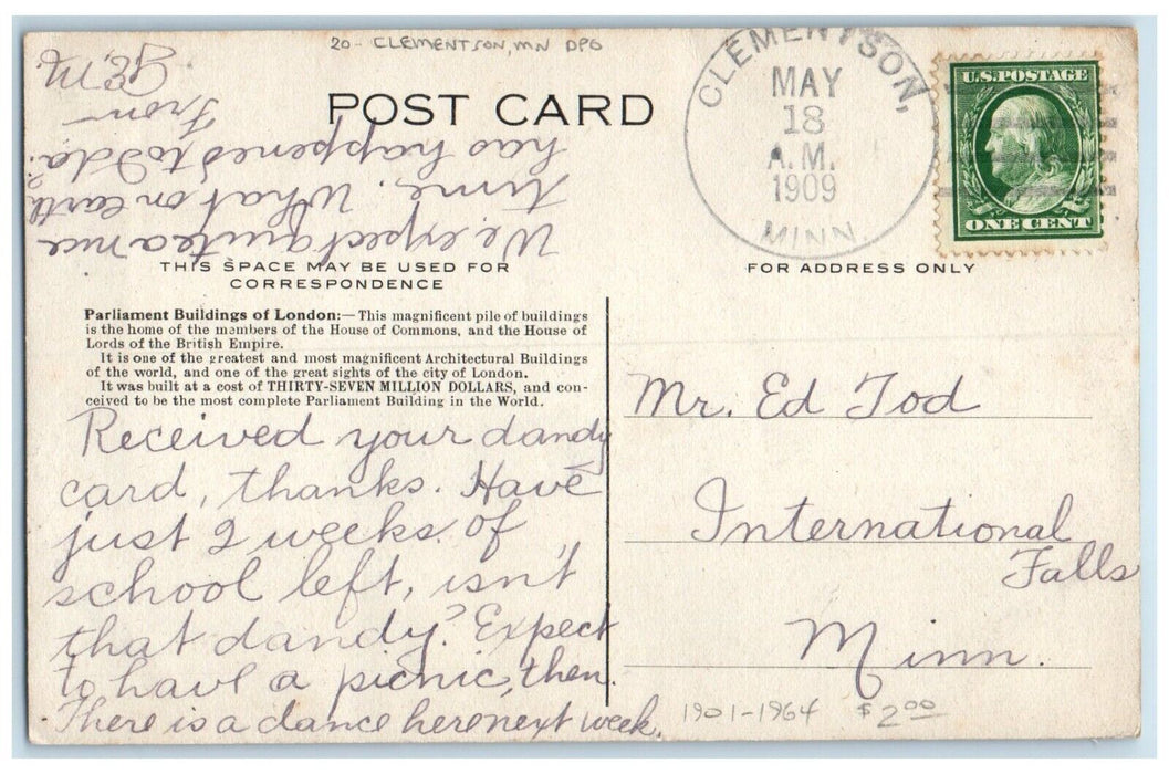 1909 Clementson Minnesota MN To International Falls DPO Doane Cancel Postcard