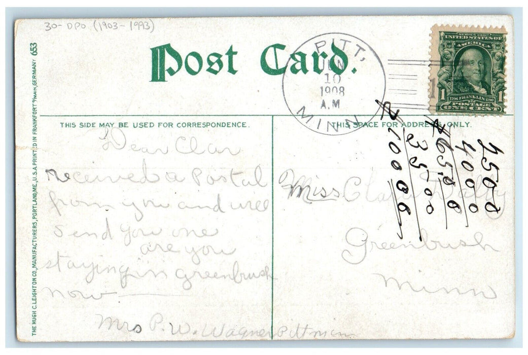 1908 Pitt Minnesota MN To Greenbush DPO 1903-1993 Doane Cancel 1 Cent Postcard