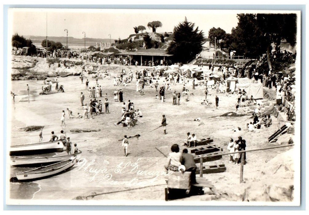 c1940's Boat Guests in El Durazno Beach Quintero Chile RPPC Photo Postcard