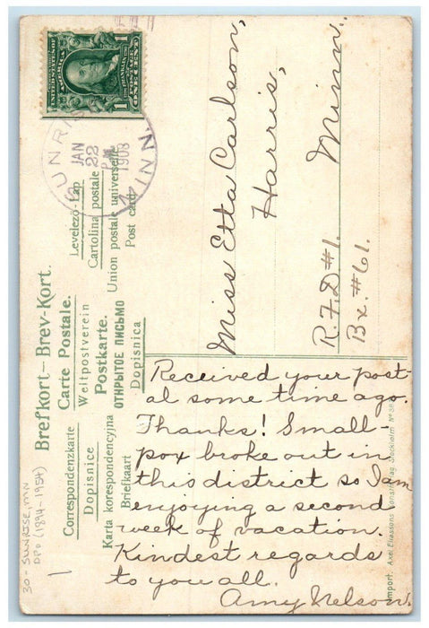 1908 Sunrise Minnesota MN To Harris DPO 1894-1954 Doane Cancel 1 Cent Postcard