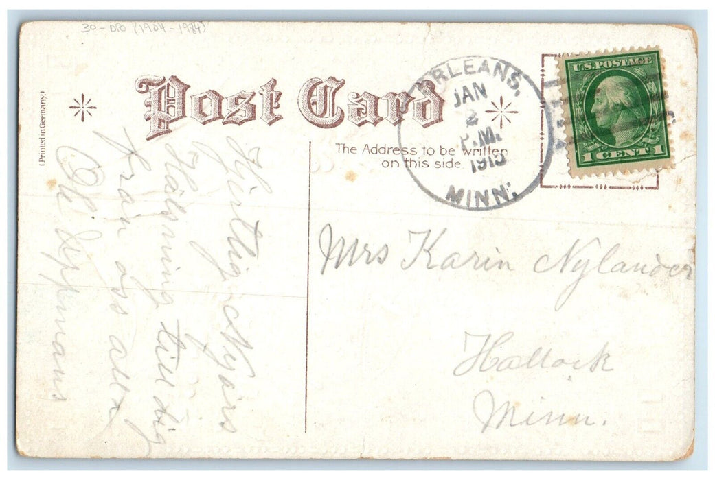 1915 Orleans Minnesota MN To Hallock DPO 1904-1984 Doane Cancel Nash Postcard
