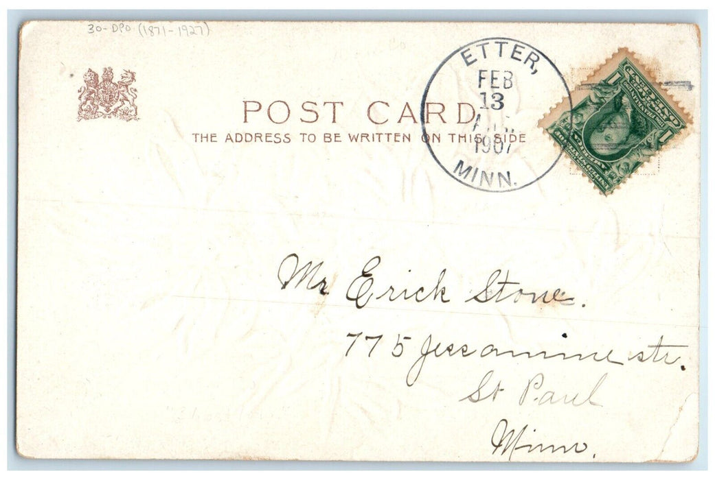 1907 Etter Minnesota MN To St. Paul DPO 1871-1927 Doane Cancel 1 Cent Postcard