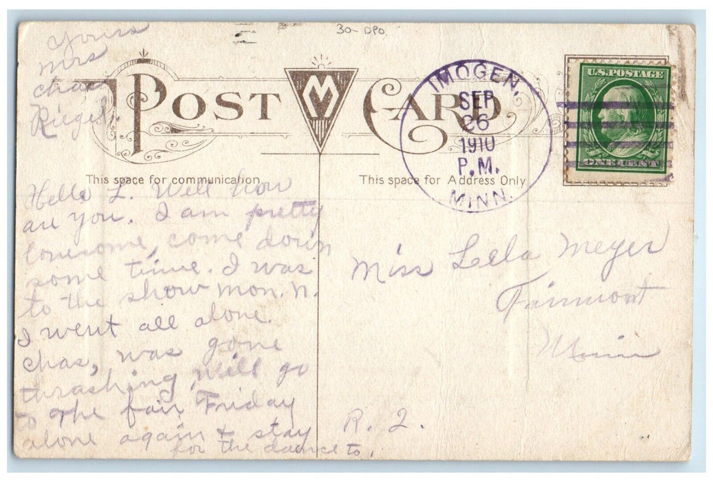 1910 Imogen Minnesota MN To Fairmont DPO Doane Cancel 1 Cent Birthday Postcard
