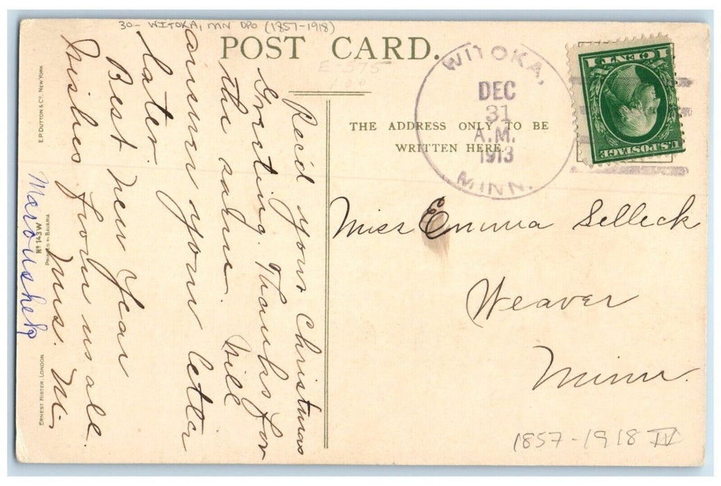 1913 Witoka Minnesota MN To Weaver DPO 1857-1918 Doane Cancel 1 Cent Postcard