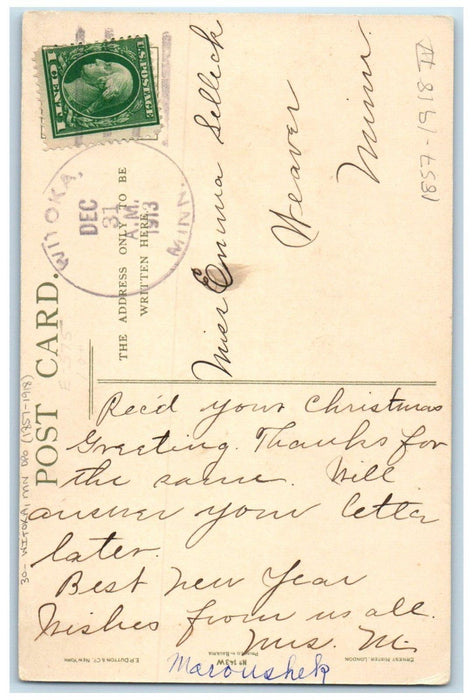 1913 Witoka Minnesota MN To Weaver DPO 1857-1918 Doane Cancel 1 Cent Postcard