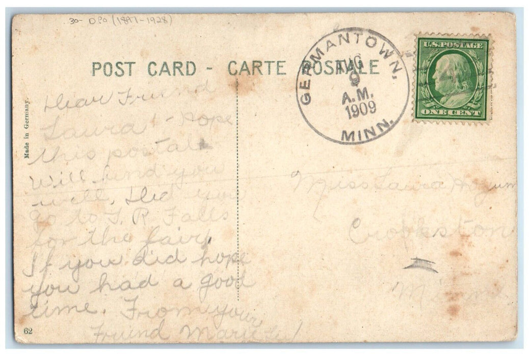 1909 Germantown Minnesota MN To Crookston DPO 1897-1928 Doane Cancel Postcard