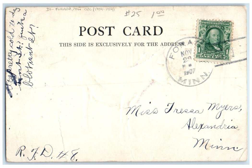 1907 Forada Minnesota MN To Alexandria DPO 1904-1954 Doane Cancel Postcard