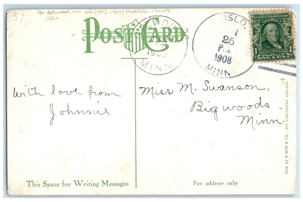 1908 Ronneby Minnesota MN To Toley DPO 1897-1973 Doane Cancel 1 Cent Postcard
