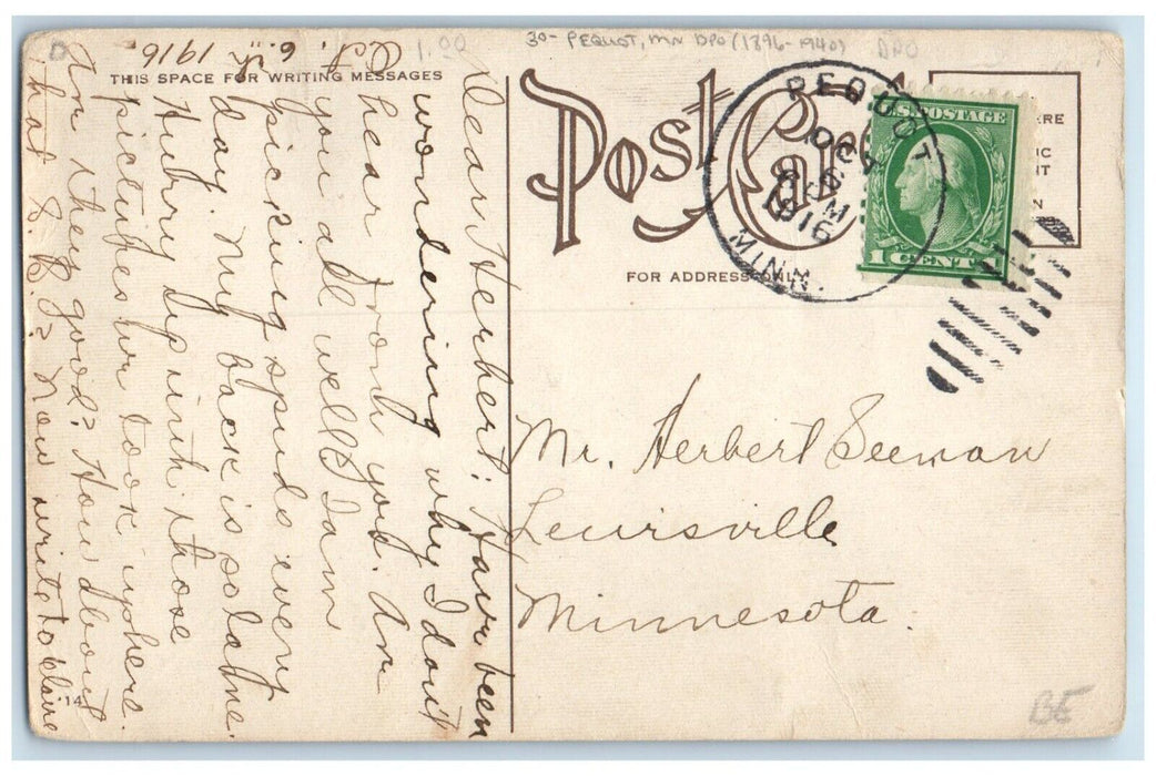 1916 Pequot Minnesota MN To Lewisville DPO 1896-1940 Duplex Cancel Postcard