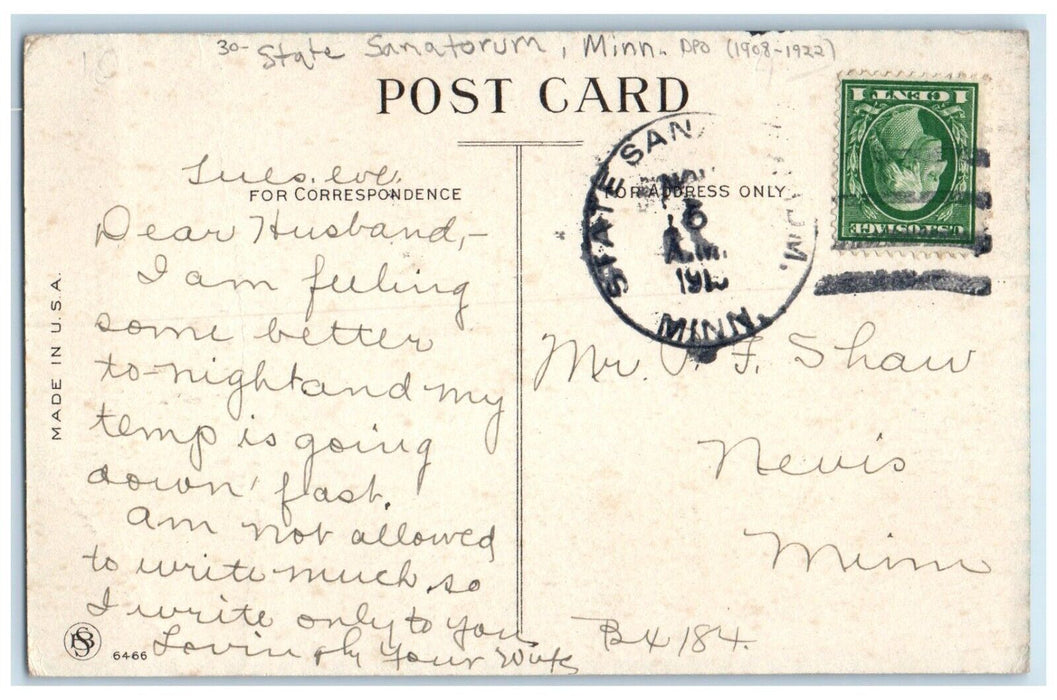 1910 State Sanatorium Minnesota MN To Nevis DPO 1908-1922 Doane Cancel Postcard