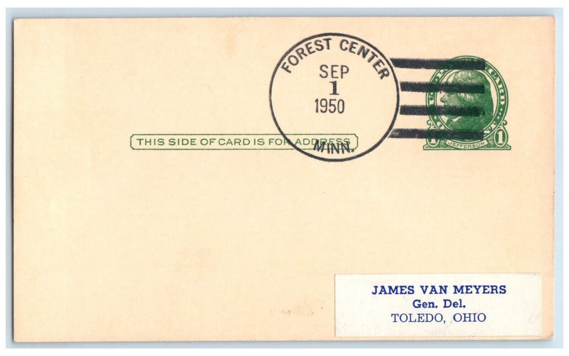 1950 Forest Center Minnesota MN Toledo Ohio DPO 1950-1965 Doane Cancel Postcard