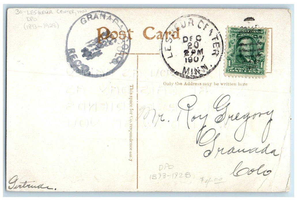 1907 Lesueur Center Minnesota MN Growada Colorado DPO 1893-1928 Berries Postcard