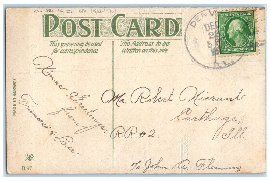 1912 Denver Illinois IL To Carthage DPO 1863-1976 Doane Cancel 1 Cent Postcard