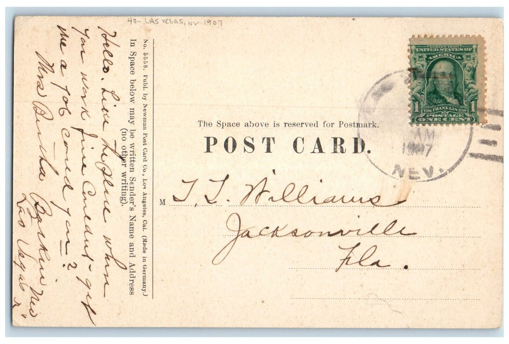 1907 Las Vegas Nevada NV Jacksonville Florida FL Doane Cancel 1 Cent Postcard