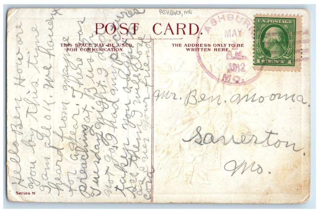 1912 Ashburn Missouri MO To Saverton Doane Cancel 1 Cent Roses Flowers Postcard