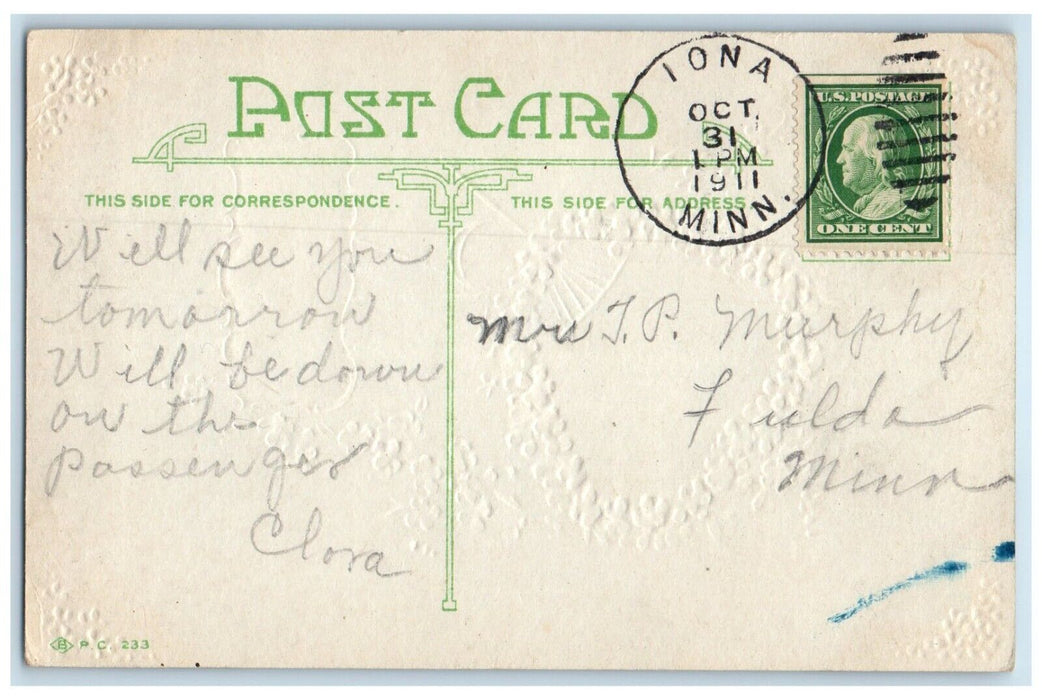 1911 Iona Minnesota MN To Fulda Duplex Cancel 1 Cent Heartiest Greeting Postcard